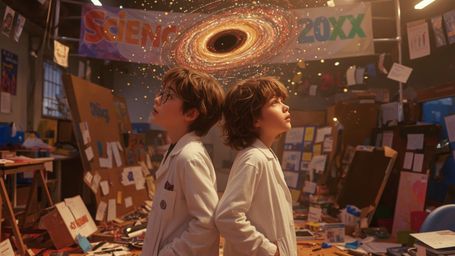 In a vibrant, cinematic photograph rendered in a hyper-realistic, Pixar-inspired style, a dynamic science fair duo unwittingl