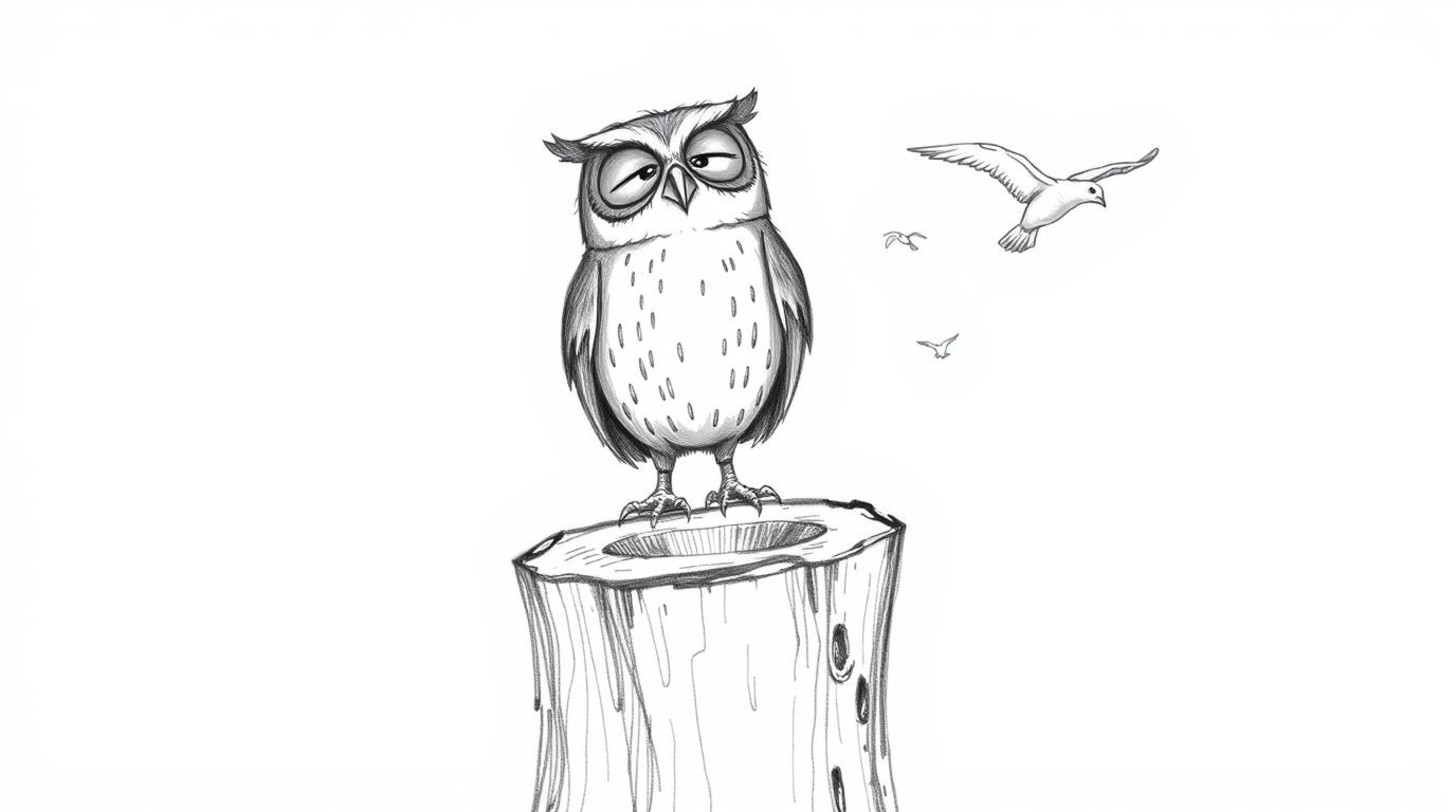 A heartwarming Pixar-esque scene unfolds with a hand-drawn sketch of a blind owl perched on a tree stump, joyfully watching b