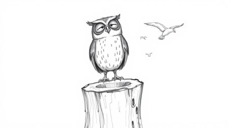 A heartwarming Pixar-esque scene unfolds with a hand-drawn sketch of a blind owl perched on a tree stump, joyfully watching b