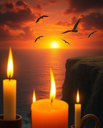 This is a dreamlike and surreal image depicting a sunset over a coastal cliff, complete with soaring birds. The scene is uniq