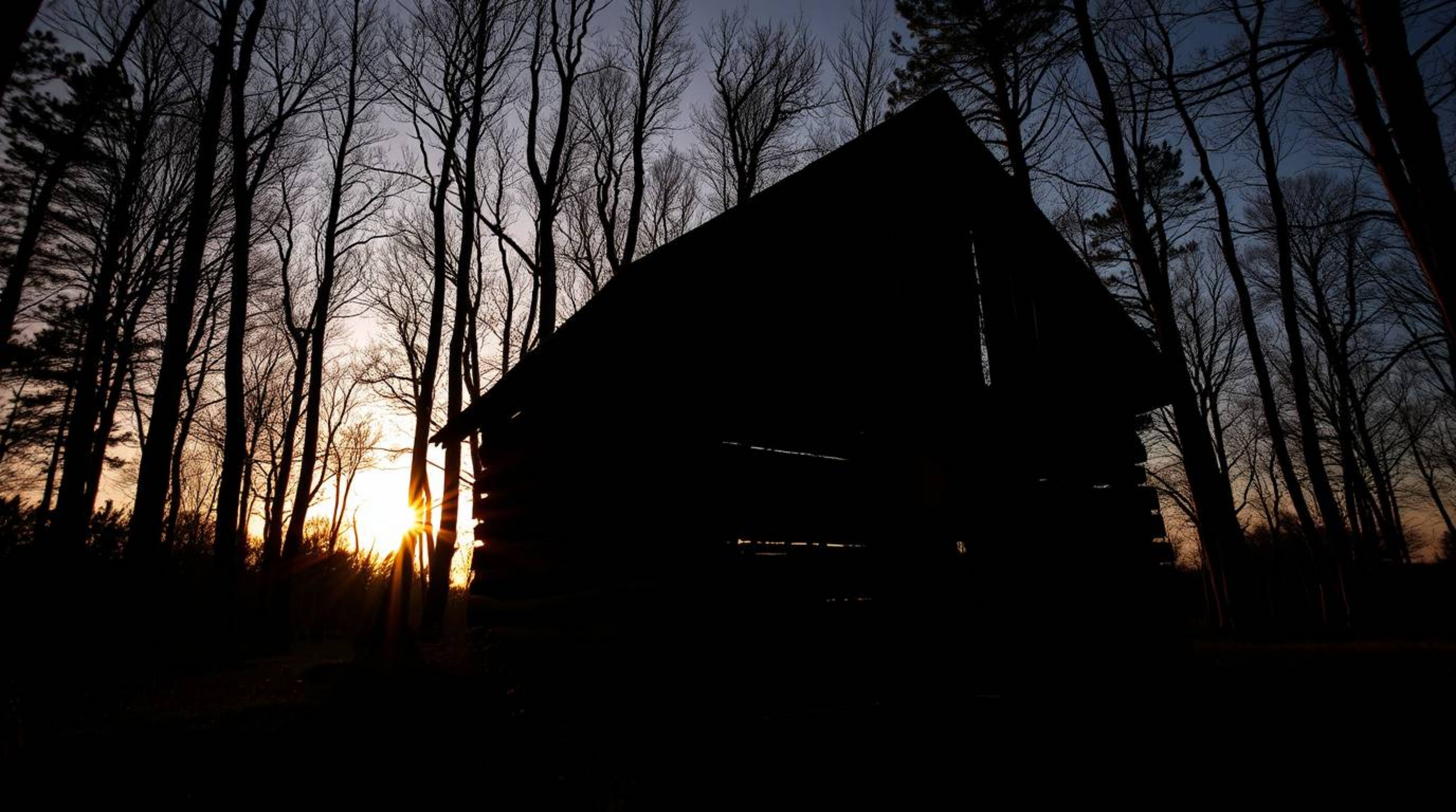 A low-angle silhouette photograph captures the essence of an old wooden cabin nestled within a sunset-kissed woods. The disti