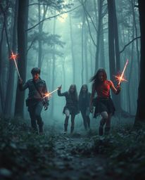 Explore an otherworldly scene depicting a group of friends with unique powers venturing into a forest bathed in soft cinemati