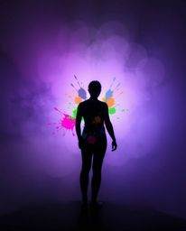 This captivating artwork features a silhouetted human form composed of vibrant and dynamic splash patterns, set against a sof