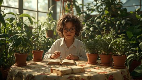 a cinematic, warm-toned photograph of a bright-eyed, bespectacled young genius, with curly brown hair and a gentle, encouragi