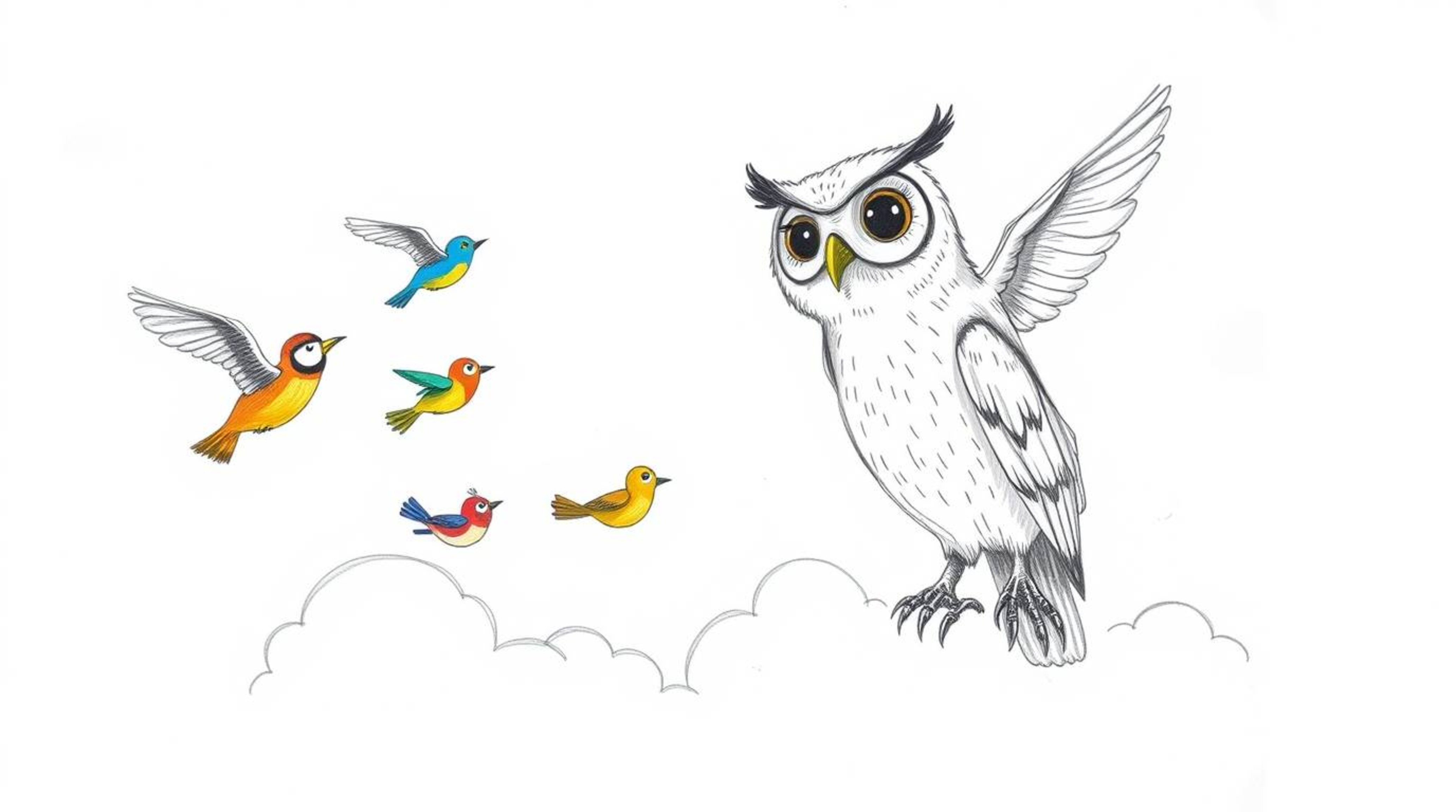 A heartwarming, hand-drawn sketch in Pixar style depicts a blind owl with soft feathers and expressive eyes, radiating wisdom