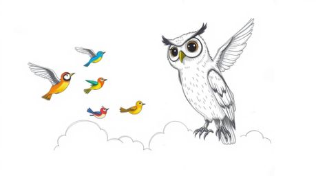 A heartwarming, hand-drawn sketch in Pixar style depicts a blind owl with soft feathers and expressive eyes, radiating wisdom