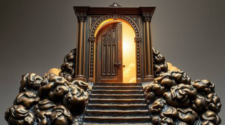 A breathtaking cast bronze sculpture depicting a graceful, elegant heavenly gate rising above clouds.  Stairs lead upwards to