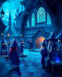 Explore a mesmerizing magical school brimming with young wizards, rendered in a cool palette of blues, greens, and purples. T