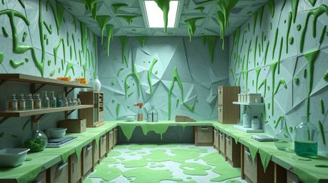 Explore a slime-covered science lab rendered in intricate origami style, boasting geometric precision and artistic lighting. 