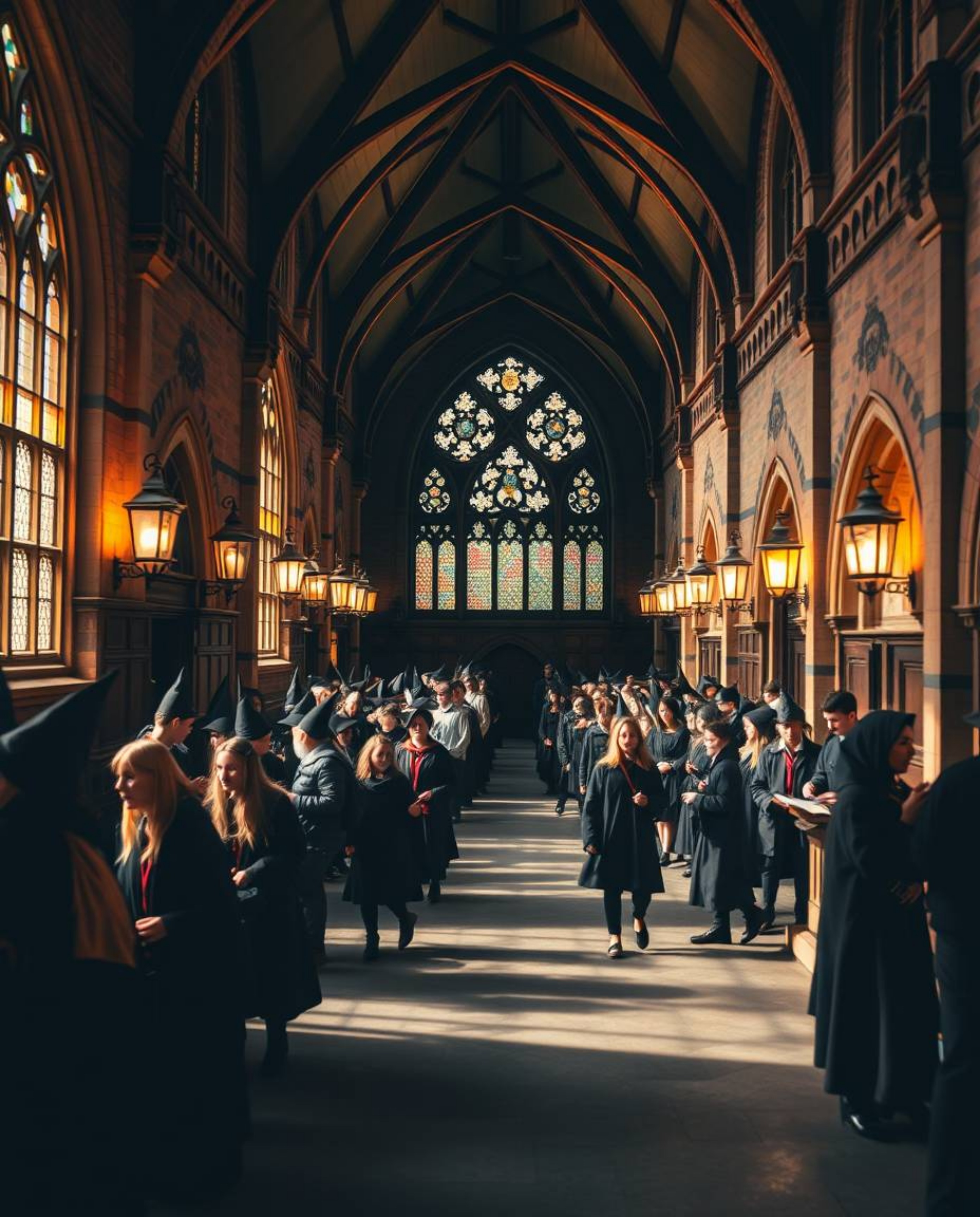 Explore stunning architectural color photography of a magical school teeming with young wizards. Bathed in a warm golden glow