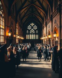 Explore stunning architectural color photography of a magical school teeming with young wizards. Bathed in a warm golden glow