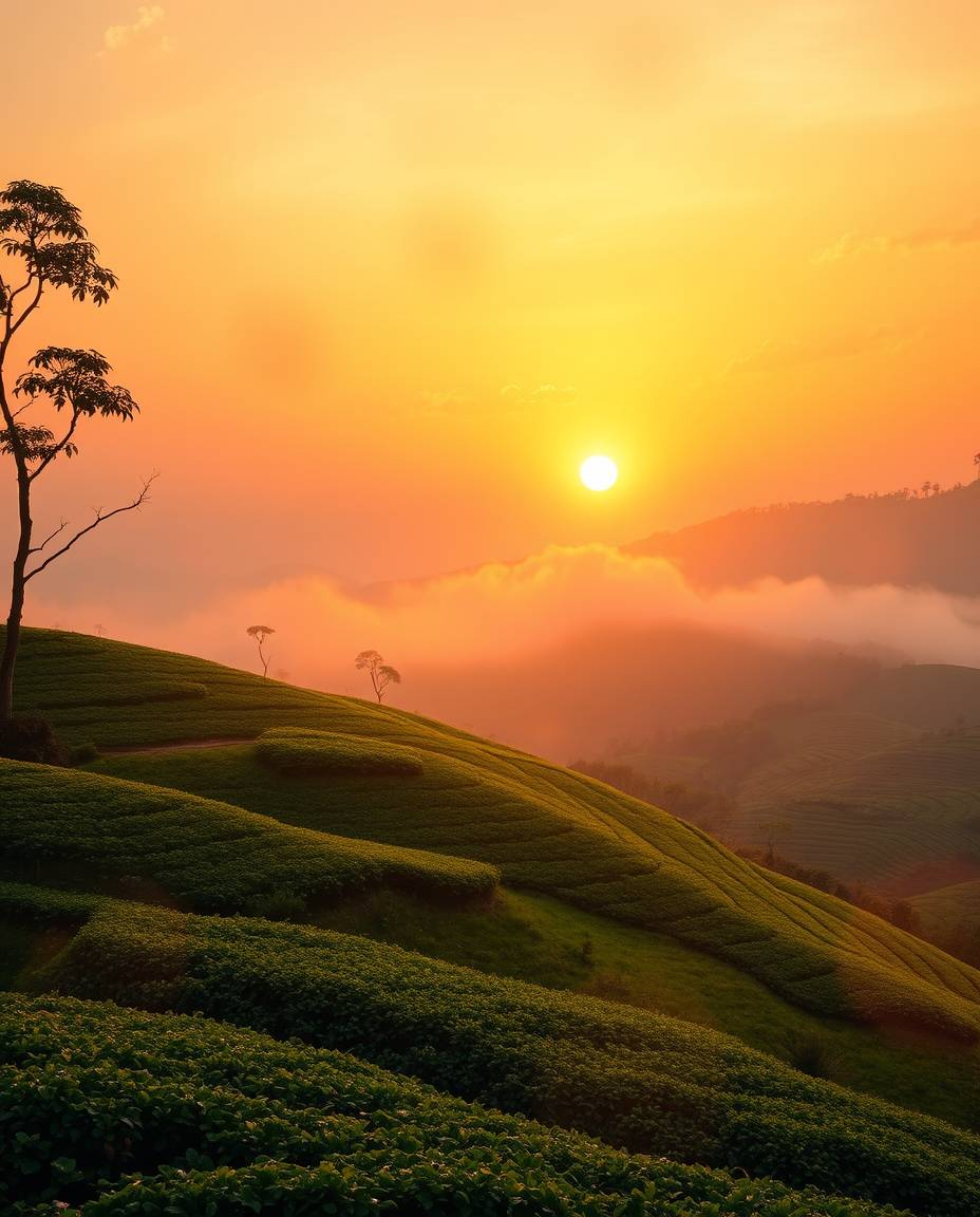 Evoking an ethereal and spiritual vibe, this image captures a sunset over terraced tea plantations. The scene is defined by b