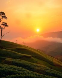 Evoking an ethereal and spiritual vibe, this image captures a sunset over terraced tea plantations. The scene is defined by b