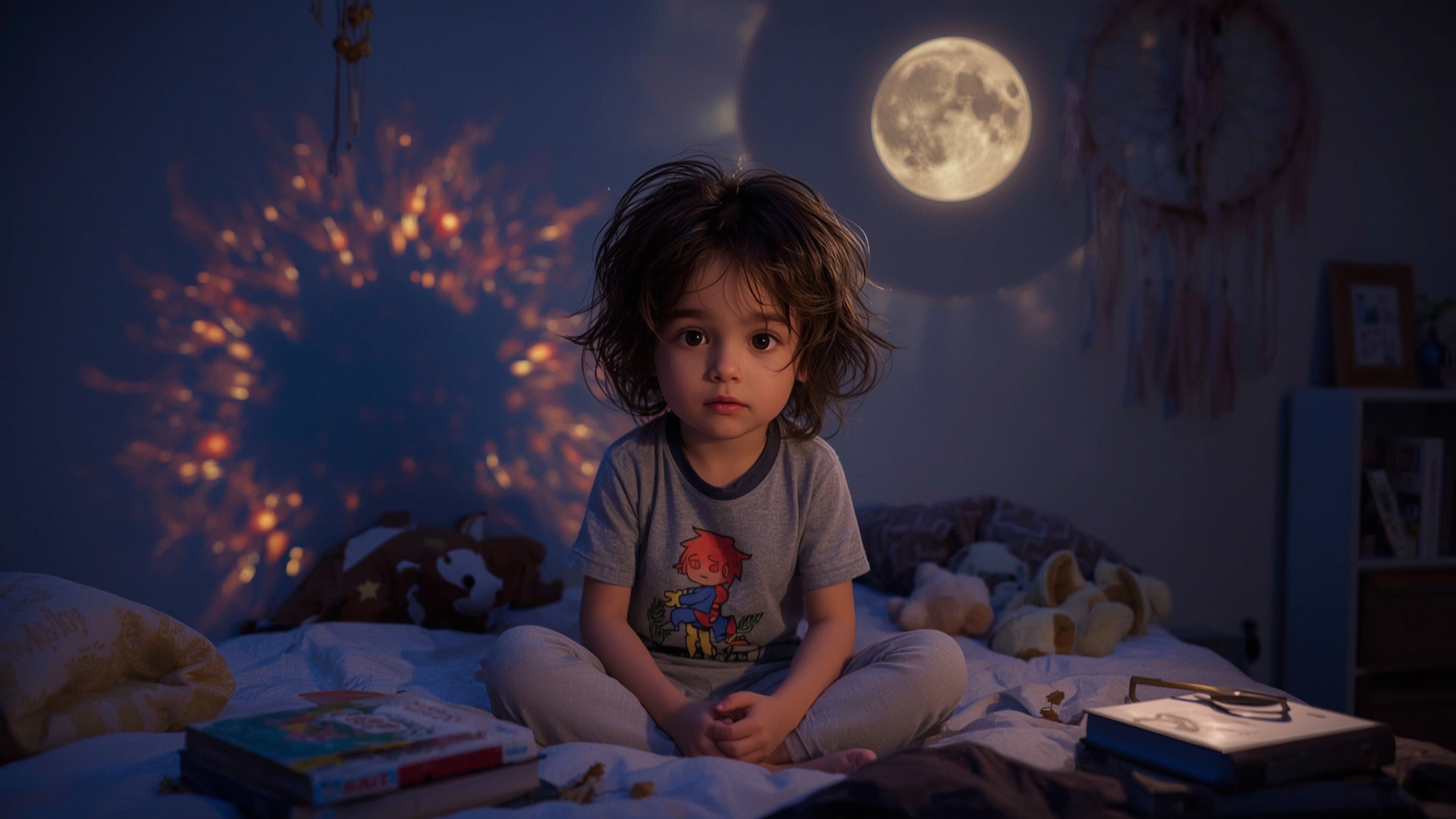 Immerse yourself in this highly detailed, cinematic photograph of a curious, moon-eyed kid in a cozy bedroom filled with drea