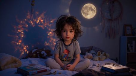 Immerse yourself in this highly detailed, cinematic photograph of a curious, moon-eyed kid in a cozy bedroom filled with drea