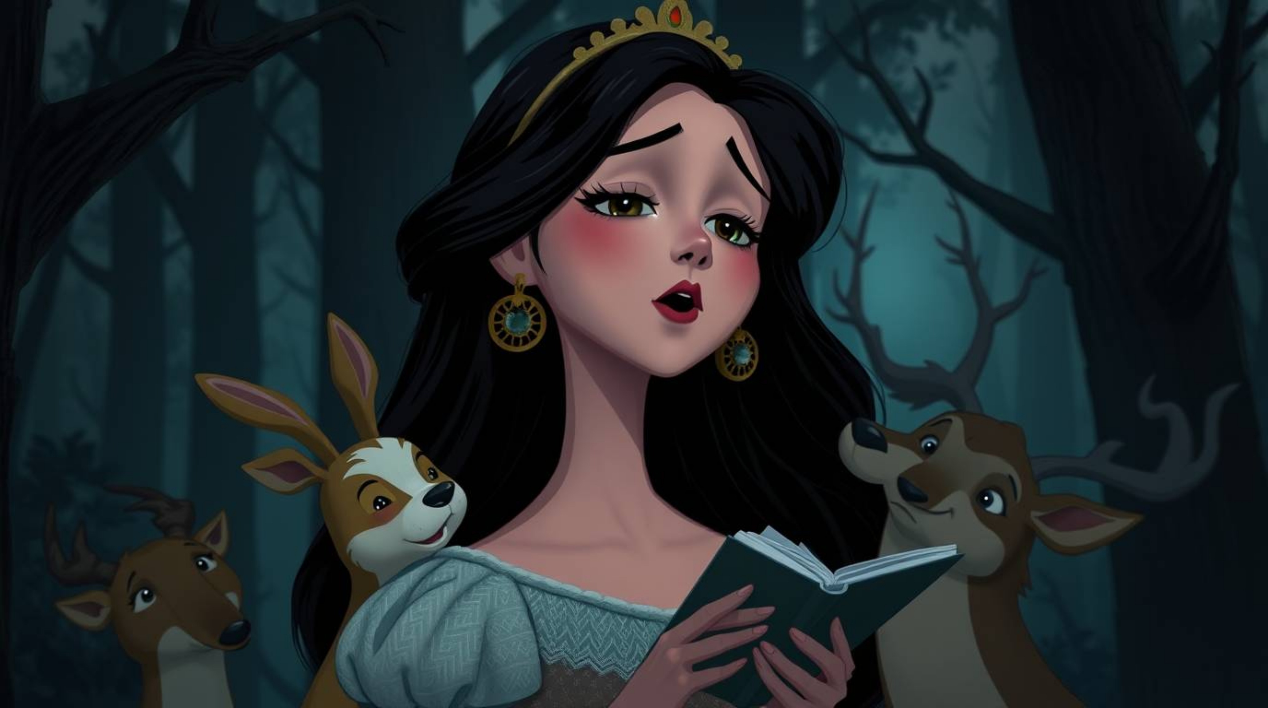 A princess with delicate features and dark hair sings melancholically with forest animals in a vintage 2D animation style, ev