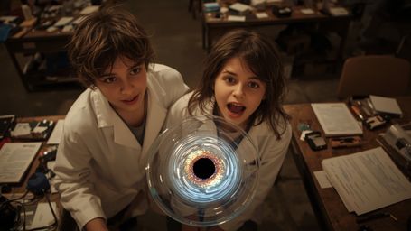 a cinematic, high-contrast photograph of two excited science fair participants, a boy and a girl, likely in their early teens