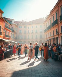 A vibrant musical number unfolds in a bright town square, bathed in soft, diffused light.  Warm terracotta and cool teal tone