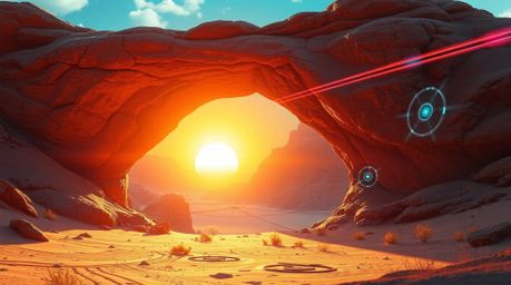 A stunning futuristic sci-fi image depicts a vibrant desert sunset viewed through a natural rock arch.  The scene is enhanced
