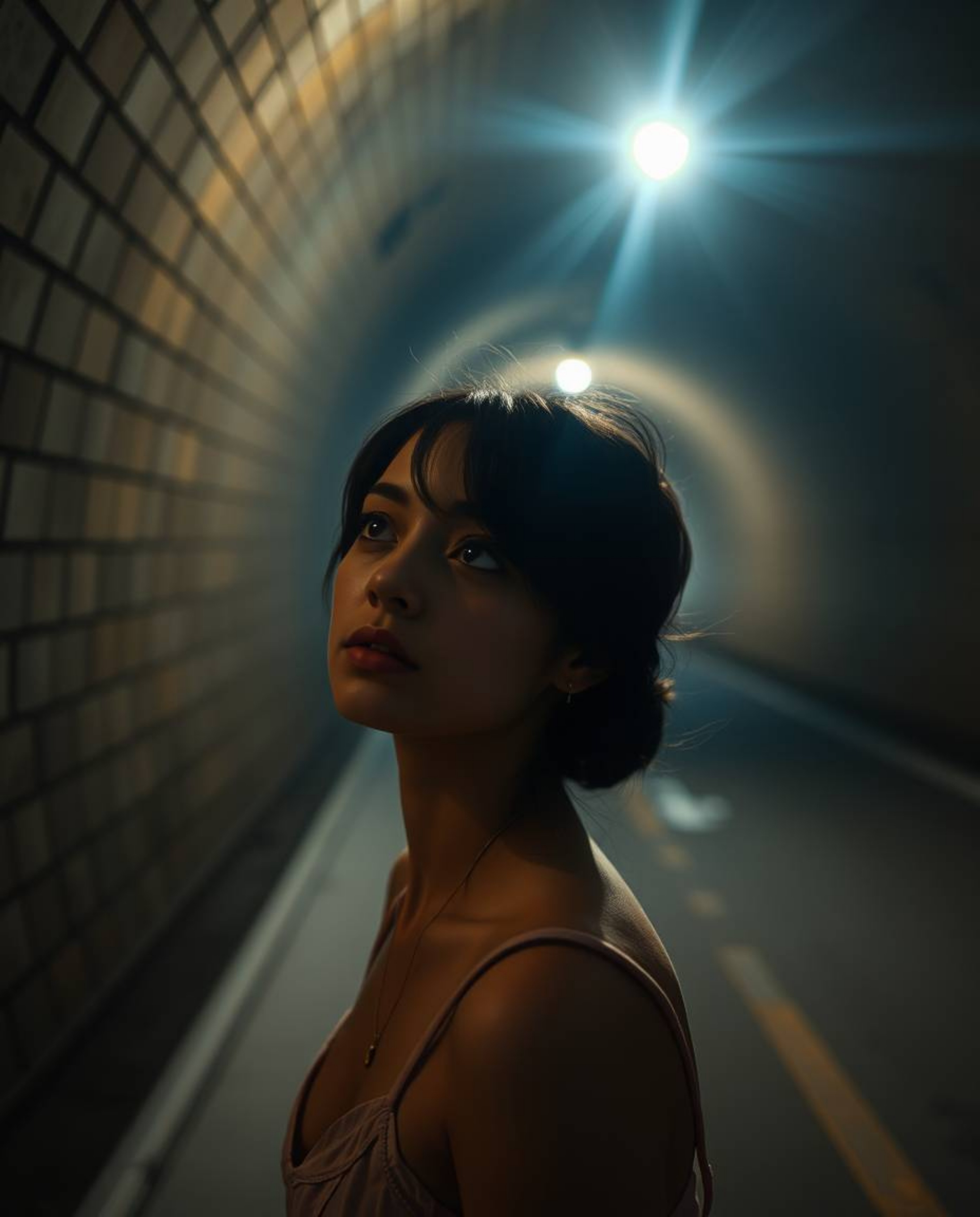 A candid street photograph captures a person with soft features and light skin standing at the edge of a tunnel, gazing at a 
