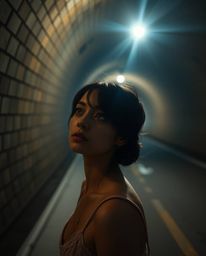 A candid street photograph captures a person with soft features and light skin standing at the edge of a tunnel, gazing at a 
