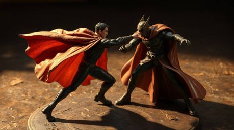 A dramatic and visually striking illustration depicts a superhero battling a villain in a high-contrast, low-key setting. War