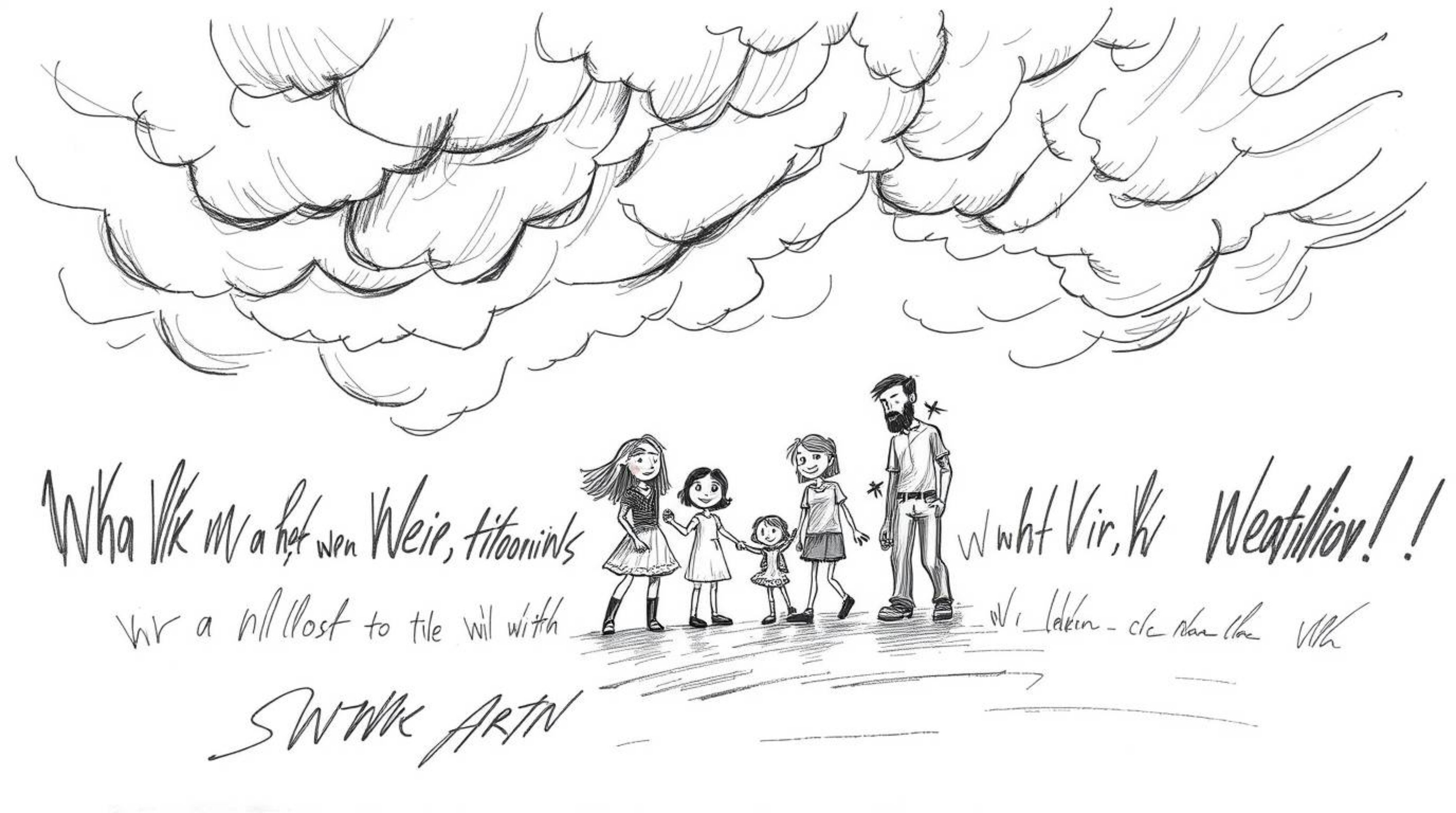 Experience a heartfelt and dramatic family reunion in this hand-drawn sketch, rendered in the beloved Pixar style.  Captured 