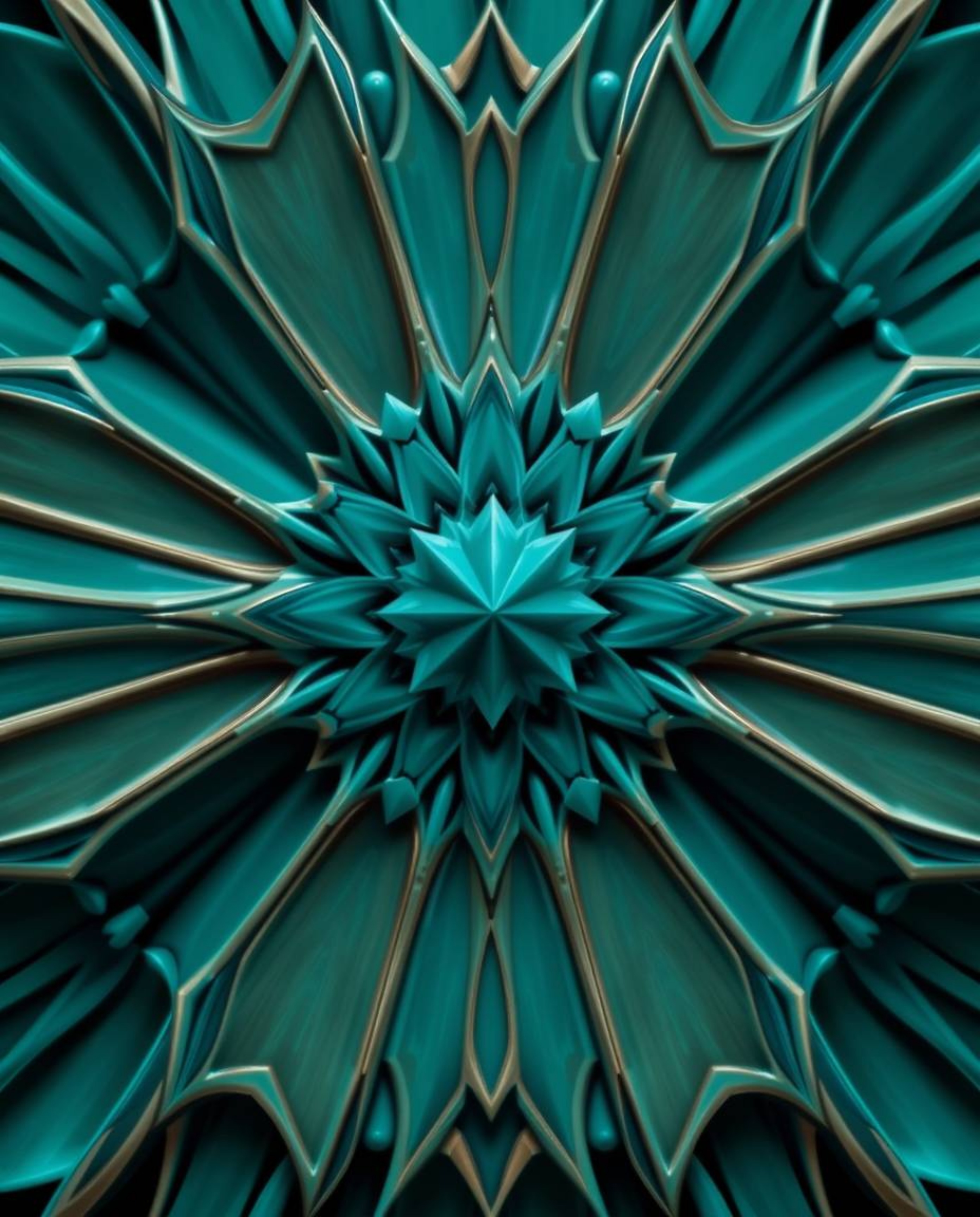 A stunning close-up architectural photograph showcases a geometric floral mandala.  The image features deep teal hues, sharp 