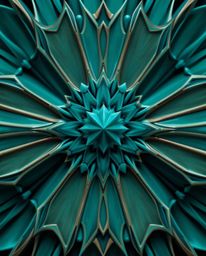 A stunning close-up architectural photograph showcases a geometric floral mandala.  The image features deep teal hues, sharp 