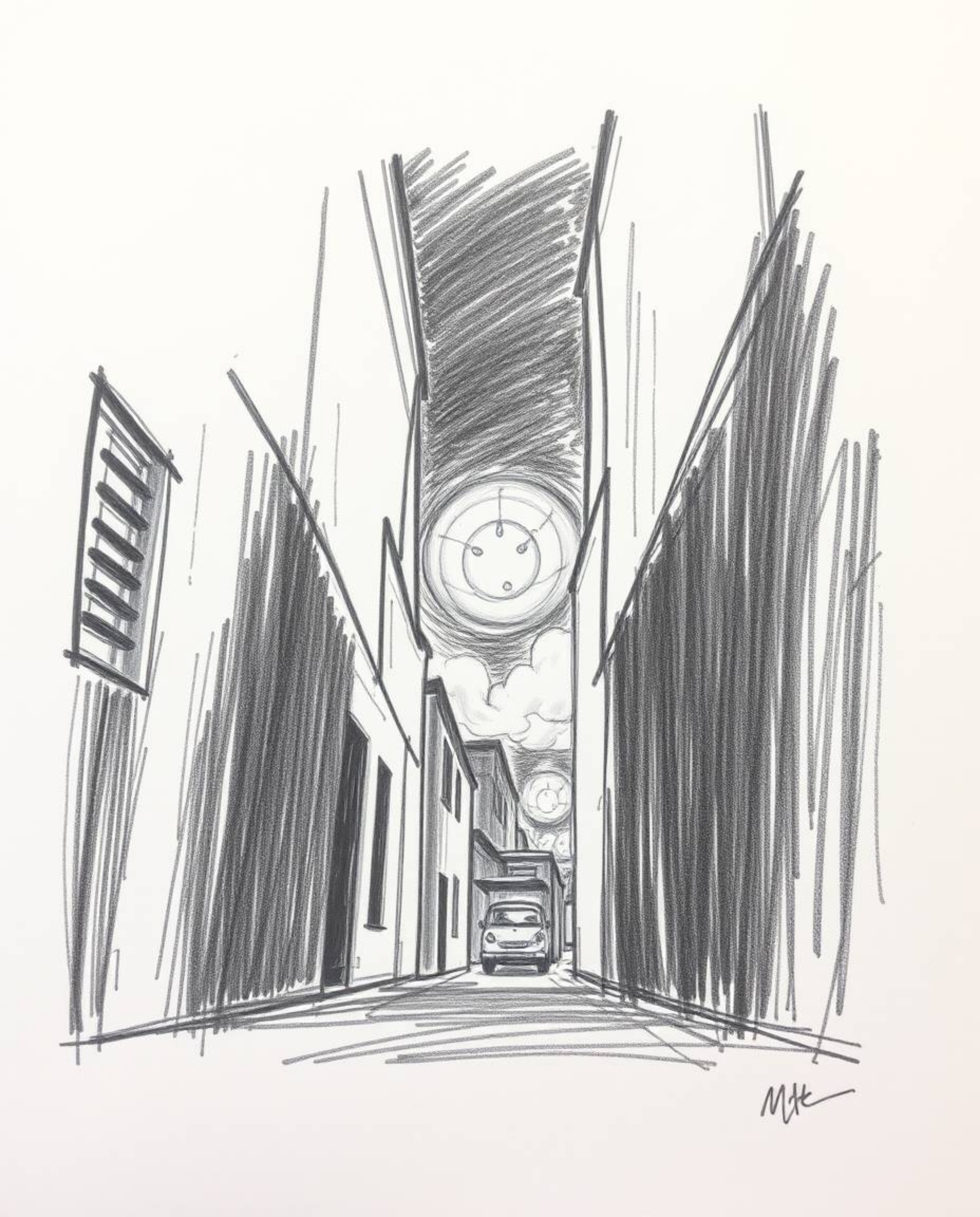 A dramatic hand-drawn sketch captures the eerie feeling of eyes watching from a nighttime alley. Executed in a cinematic styl
