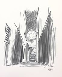 A dramatic hand-drawn sketch captures the eerie feeling of eyes watching from a nighttime alley. Executed in a cinematic styl