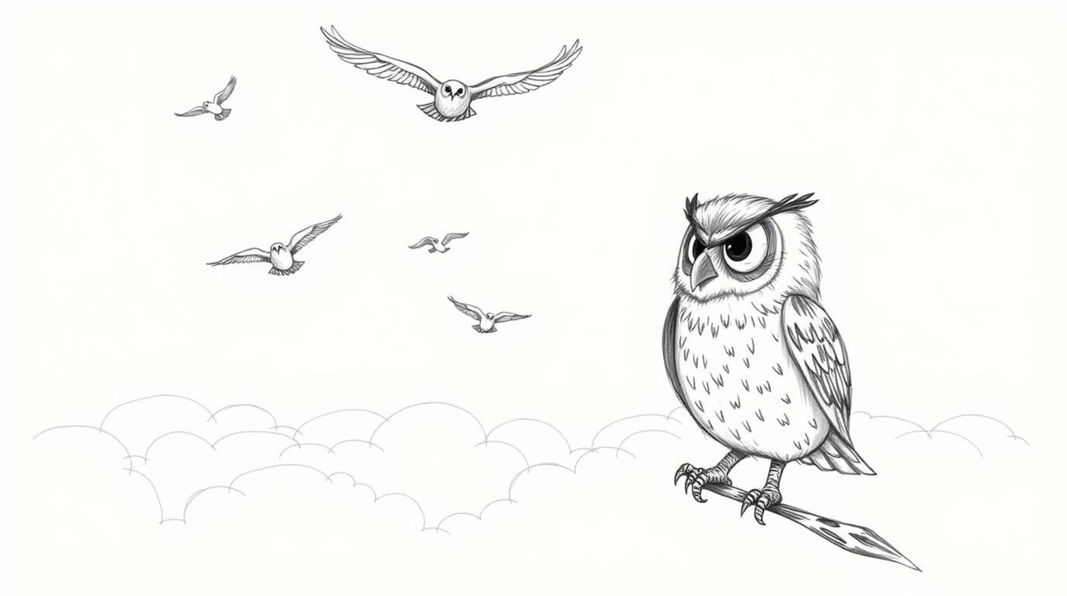 A heartwarming Pixar-style scene featuring a hand-drawn, blind owl with expressive features, rendered with textured pencil st