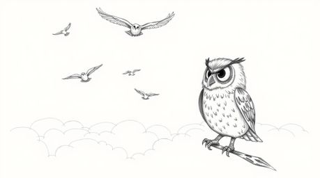 A heartwarming Pixar-style scene featuring a hand-drawn, blind owl with expressive features, rendered with textured pencil st
