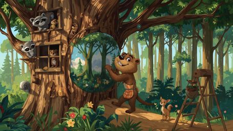 A highly detailed, high-resolution stock photo captures a cheerful, anthropomorphic beaver, dressed in a tiny, tool-belted ap