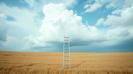 A minimalist scene featuring a silver ladder in an open field under a wide, cloudy sky, symbolizing opportunity.  The image i