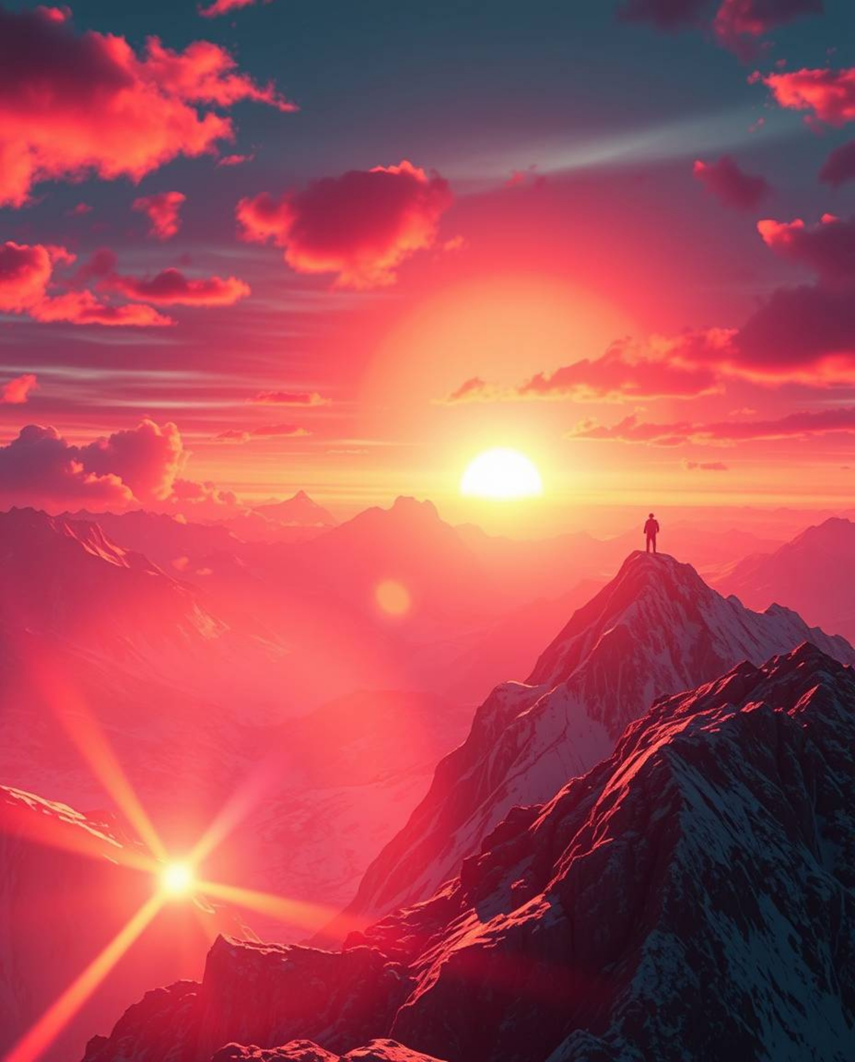 Behold a vibrant and epic scene of a sunset from a high alpine peak, reimagined in a modern futuristic style. This artwork is