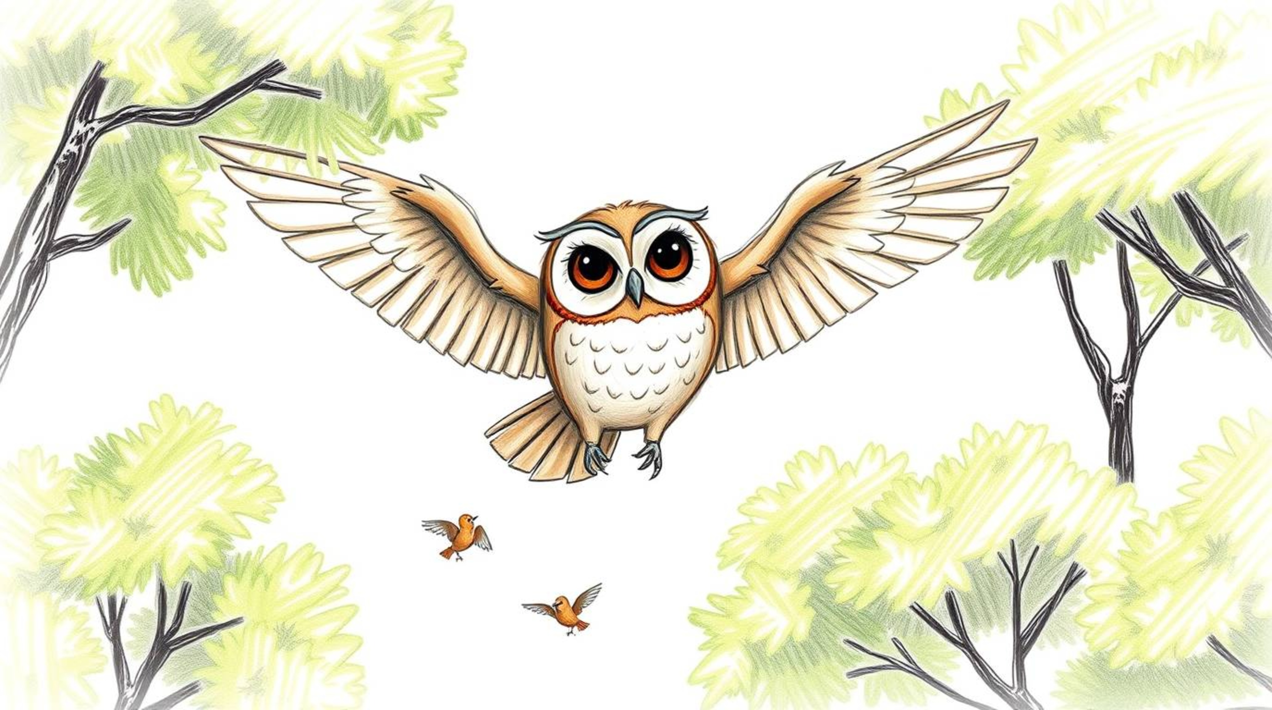 A captivating hand-drawn sketch showcases a blind, wise-looking owl, rendered in the delightful Pixar animation style. The ow