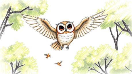 A captivating hand-drawn sketch showcases a blind, wise-looking owl, rendered in the delightful Pixar animation style. The ow