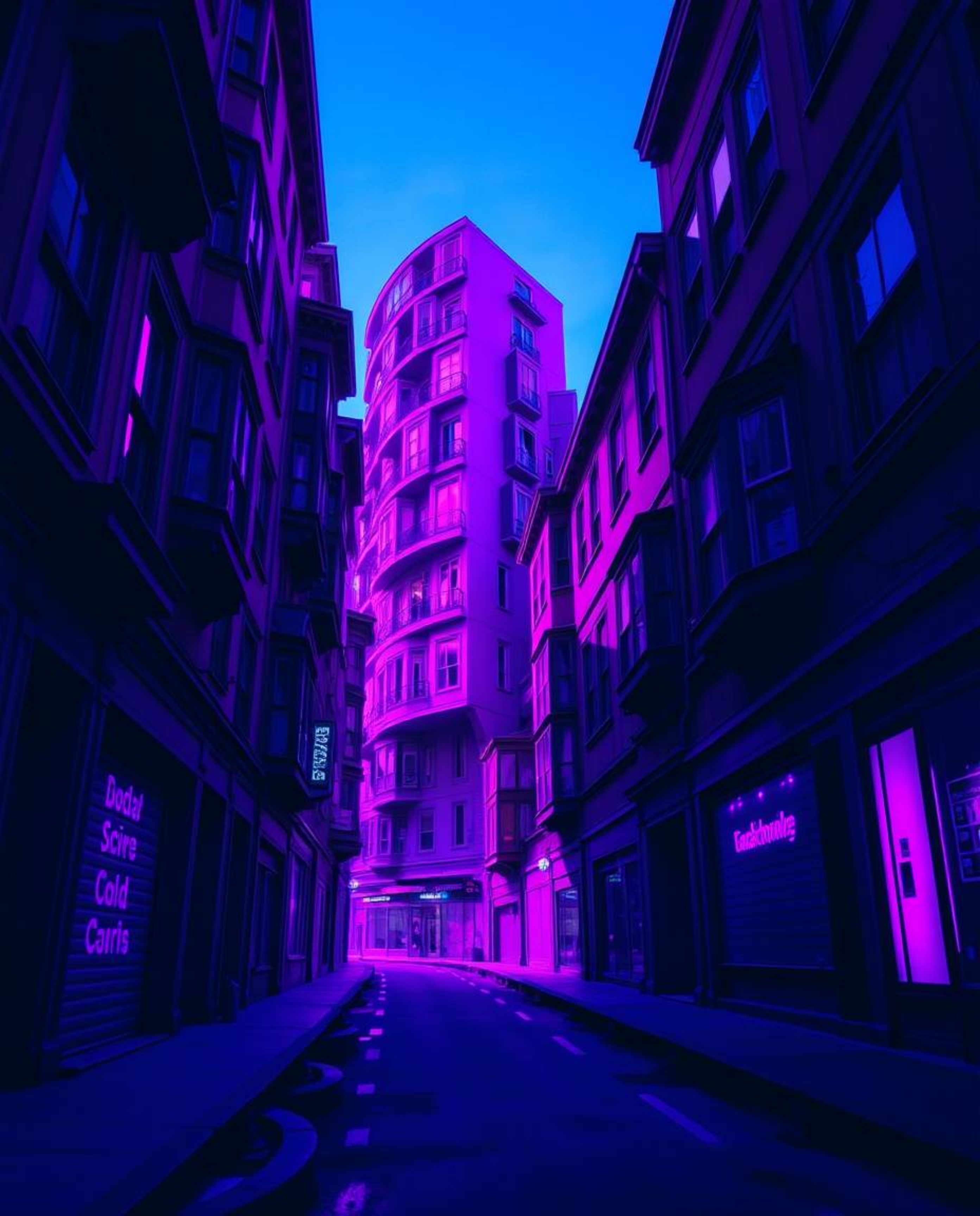 Immerse yourself in a surreal street scene bathed in deep ultraviolet hues, where buildings fold and twist in improbable ways