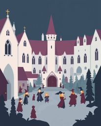 Discover a captivating modern flat design illustration depicting a magical school brimming with young wizards.  This visually
