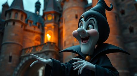This image showcases an adorable and charming classic Disney villain with soft, rounded features, casting a spell within the 