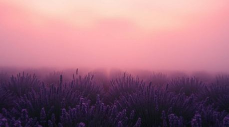 Experience the magic of lavender fields bathed in the ethereal glow of a dreamy pink sky. This cinematic image evokes a film-