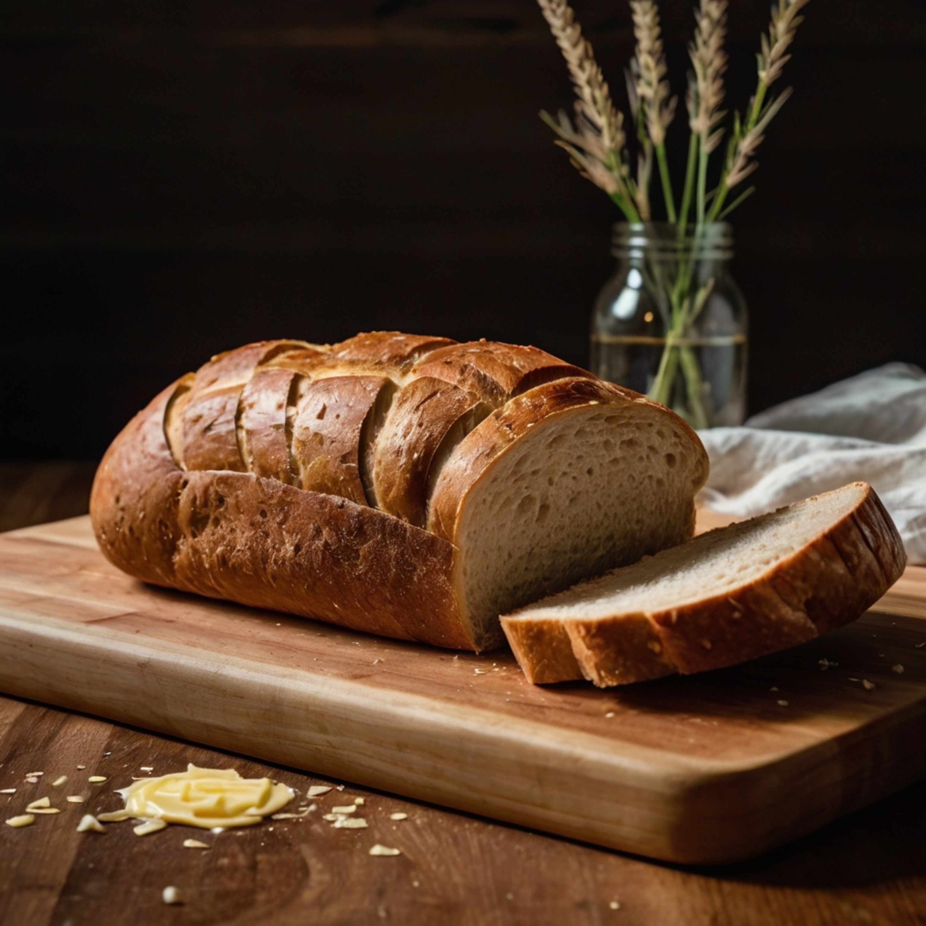 Enjoy the simple pleasure of a fresh loaf of bread, artfully sliced and presented on a rustic wooden cutting board.  A pat of