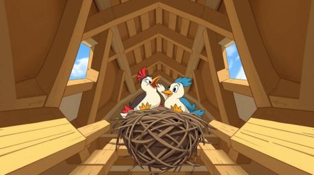 A high-angle architectural color photograph showcases two cartoon birds diligently building a nest in a classic animation sty