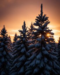 Chiaroscuro lighting illuminates snowy pine trees at sunset, adorable and charming features, strong contrasts, deep shadows.