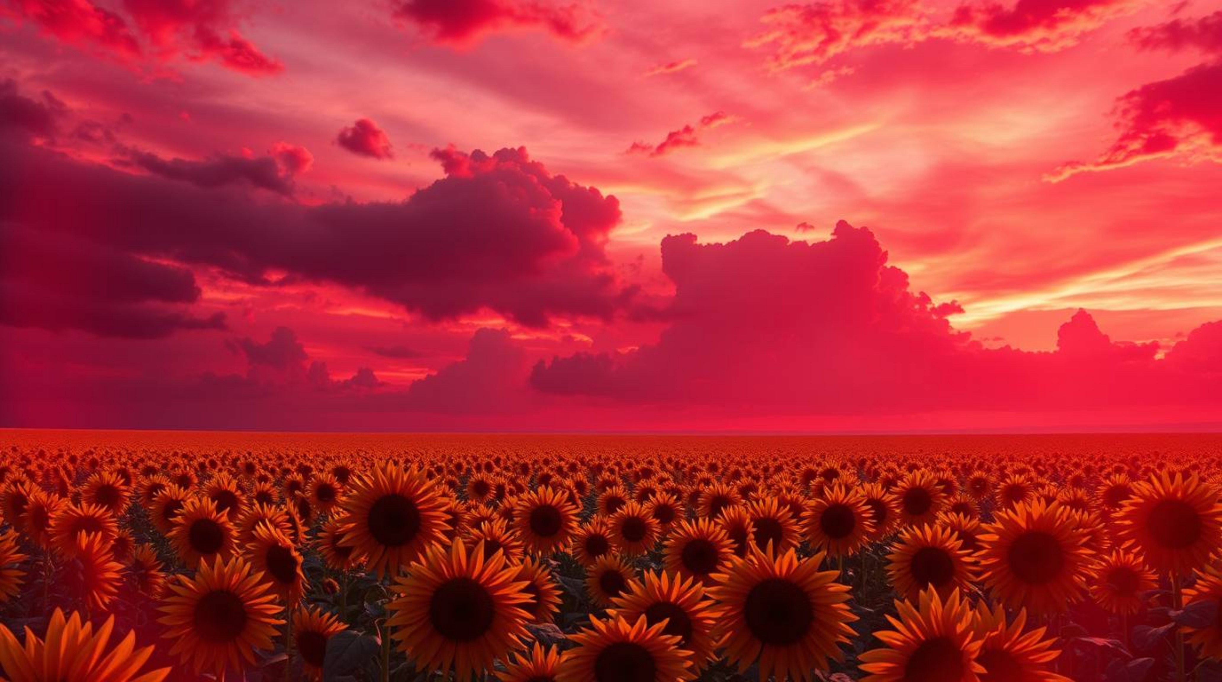 Explore a digitally rendered epic scene showcasing a vast sunflower field beneath a deep red and purple sky, bathed in intens