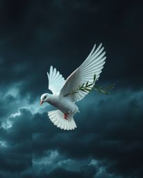 A captivating digital painting depicts a dove carrying an olive branch amidst stormy skies. The artwork showcases cool colors