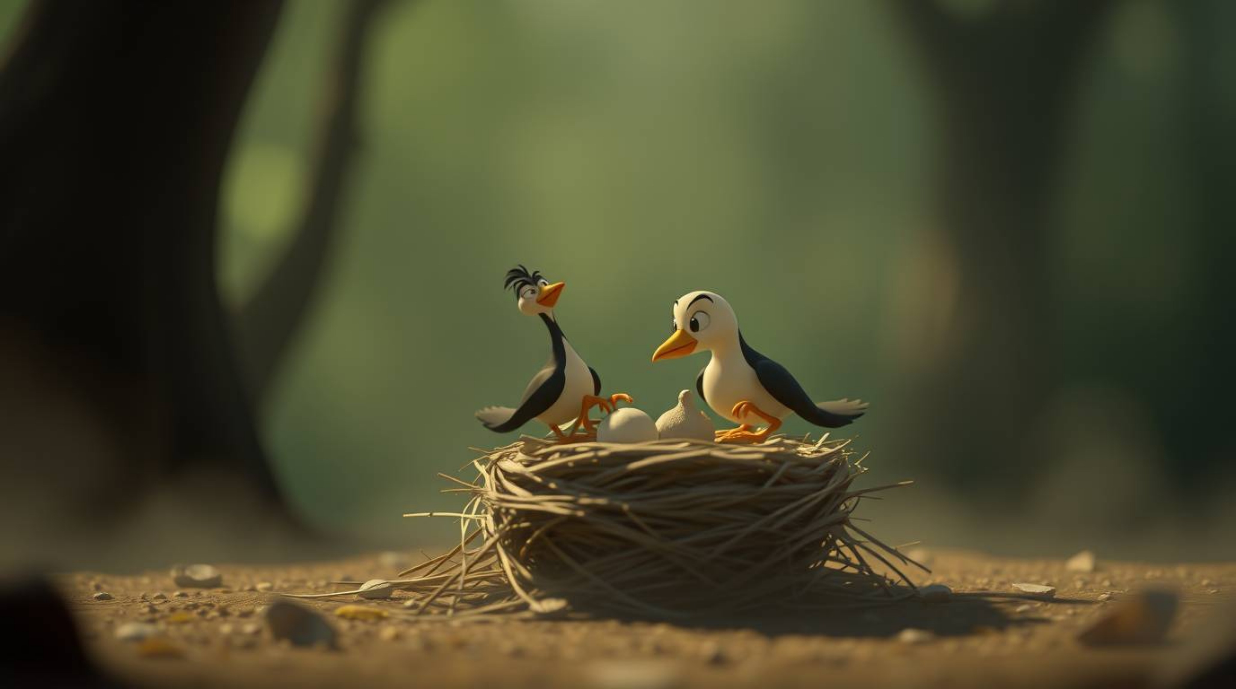 Experience the gentle charm of a soft cinematic haze as two cartoon birds, rendered in a classic animation style, diligently