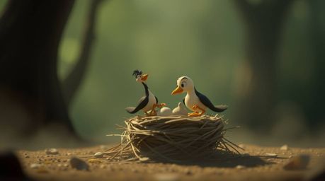 Experience the gentle charm of a soft cinematic haze as two cartoon birds, rendered in a classic animation style, diligently