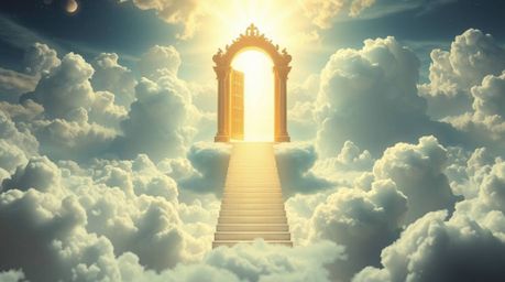 Discover a breathtaking fantasy realism artwork depicting a heavenly gate floating amidst ethereal clouds, illuminated by gol